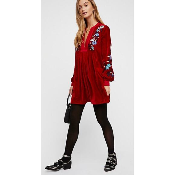 Free People red velvet floral embroidered long sleeve dress - Picture 5 of 5